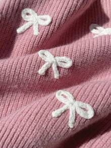 SHEIN 女童圓領粉色毛衣，3D刺繡白色蝴蝶結，柔軟針織套頭上衣，可愛甜美簡約長袖，適合秋冬居家、外出、派對、拍照、戶外玩耍 - 粉色 - 查看 5