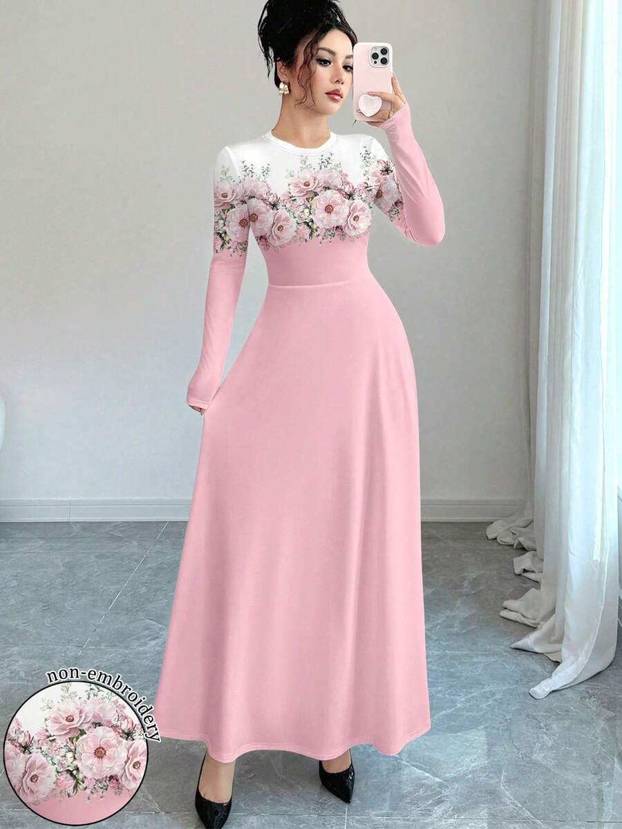 Modelyn Gaun Maxi A-Line Lengan Panjang Leher Bulat Motif Gradien Bunga Elegan untuk Wanita, Musim Semi - MultiWarna - View 1
