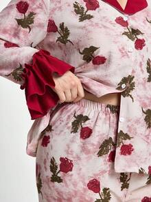 Slumbrini 大码女式撞色荷叶边翻领长袖上衣和裤子睡衣套装，玫瑰花印花，秋冬服装 - 酒紅色 - 查看 6