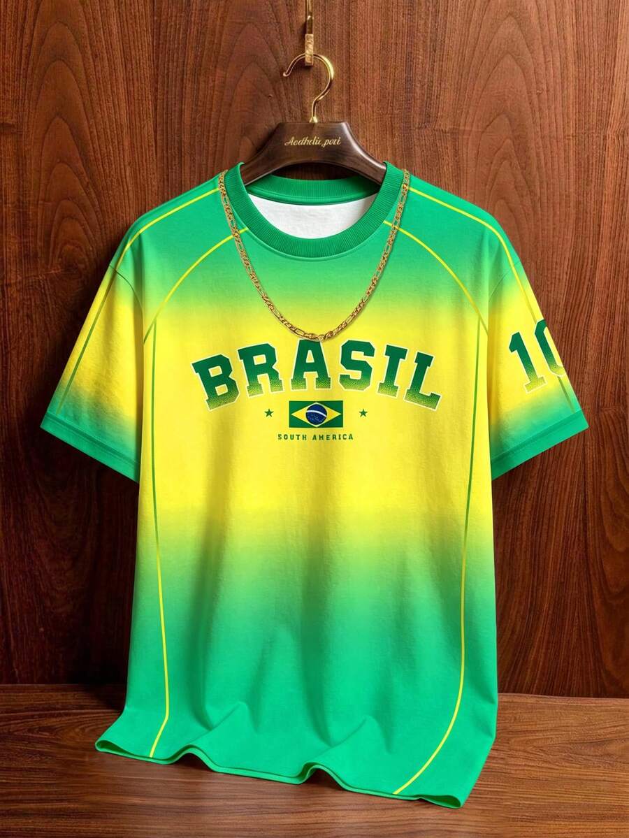 Manfinity Campus Court 復西隊黃綠漸層足球短袖T恤,美國 BRASIL 10 印花半袖T恤,男士圖案T恤,男士時尚運動上衣,足球,足球用品,假期 - 彩色 - 查看 1