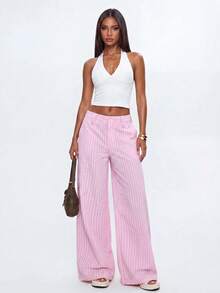 Avantive Women's Casual Commute Striped Low Waist Wide Leg Long Pants - Pink - View 6