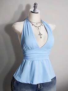 SHEIN ICON 大尺碼掛脖深V領收腰A字露背波點背心，復古Y2K波點掛脖背心，娃娃裝波點掛脖露背上衣 - 藍色 - 查看 7
