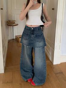 DAZY Celana Jeans Denim Wanita 2 In 1 Gaya Korea Serbaguna untuk Semua Musim, Tampil Awet Muda, Cocok untuk Musim Gugur - Biru - View 4