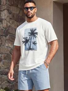 COMVAIL Men's Plus Size Round Neck Coconut Tree Print T-Shirt Set - Multicolor - View 6
