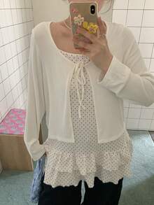 Dazy Plus Cardigan Kasual Lengan Panjang Warna Polos dengan Ikatan Depan, Motif Polkadot Kecil Modis, dan Hiasan Rumbai, Camisole Panjang, Set 2 Potong untuk Musim Semi, Musim Panas, Musim Gugur, Atasan yang Lucu - Aprikot - View 2