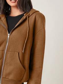SHEIN BASICS 舒適抓絨落肩拉鍊連帽衛衣，秋冬長袖上衣 - 駝色 - 查看 4
