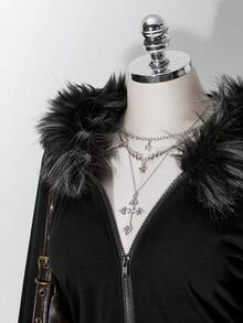 SHEIN ICON 大尺碼女款 Y2K 復古毛領拼接休閒運動外套夾克，附口袋 - 黑色 - 查看 5