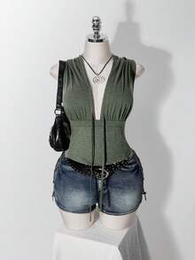 SHEIN ICON 大尺碼 Y2K 軍綠色連帽無袖收腰口袋背心，深 V 領連帽上衣 - 軍綠色 - 查看 2