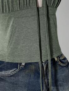 SHEIN ICON 大尺碼 Y2K 軍綠色連帽無袖收腰口袋背心，深 V 領連帽上衣 - 軍綠色 - 查看 8