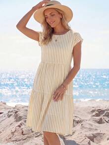 SHEIN LUNE Pink And White Striped Base Striped Print Casual Tropical Minimalist Loose Round Neck Short Sleeve Mid-Length Women's Dress Beach Vacation Summer - Multicolor - View 3
