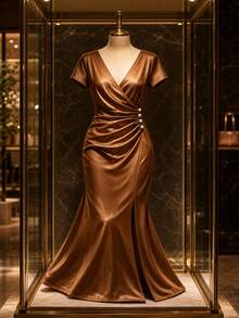 Franclia Plus Size Women's Dress, New V-Neck Short Sleeve Pleated Waist Belt Button Decor Side Slit Slim Fit Bodycon Satin Evening Gown, White Sequin Summer - Brown - View 1