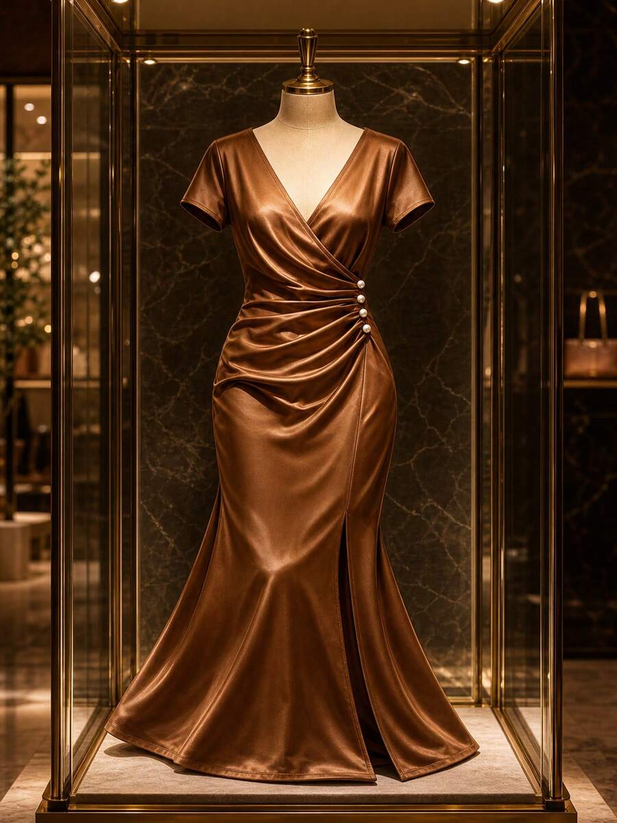 Franclia Plus Size Women's Dress, New V-Neck Short Sleeve Pleated Waist Belt Button Decor Side Slit Slim Fit Bodycon Satin Evening Gown, White Sequin Summer - Brown - View 1