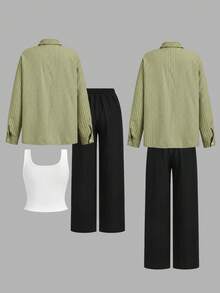 SHEIN LUNE 女款休閒白色黑色襯衫與長褲3件套秋季服裝套裝 工作服 日常度假早午餐辦公室旅行城市短途綠色條紋 - 綠色 - 查看 2