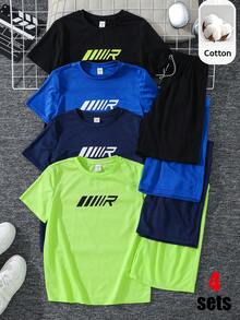 SHEIN 4套青少年男孩買4送4休閒純色字母印花短袖圓領T恤與短褲多件套裝，夏季上衣，夏季短褲，男孩套裝兒童套裝，適合春夏季，情人節，夏季穿搭，海灘週末，家庭聚會，返校季，婚禮季，運動，生日派對 - 彩色 - 查看 3