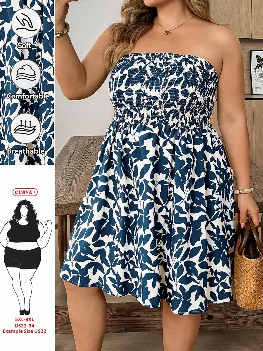 SHEIN CURVE+ 大尺碼休閒度假植物印花抹胸洋裝