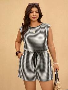 Elaquor Rompi Tanpa Lengan dengan Motif Garis-Garis Blok Warna untuk Wanita Ukuran Besar, Cocok untuk Liburan Musim Panas dan Perjalanan Sehari-hari, dengan Tali Serut di Pinggang. - Hitam dan Putih - View 6