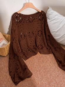 CosyJoli Plus Size Women's Hollow Out Design Round Neck Long Sleeve Loose Knit Sweater - Rust Brown - View 1
