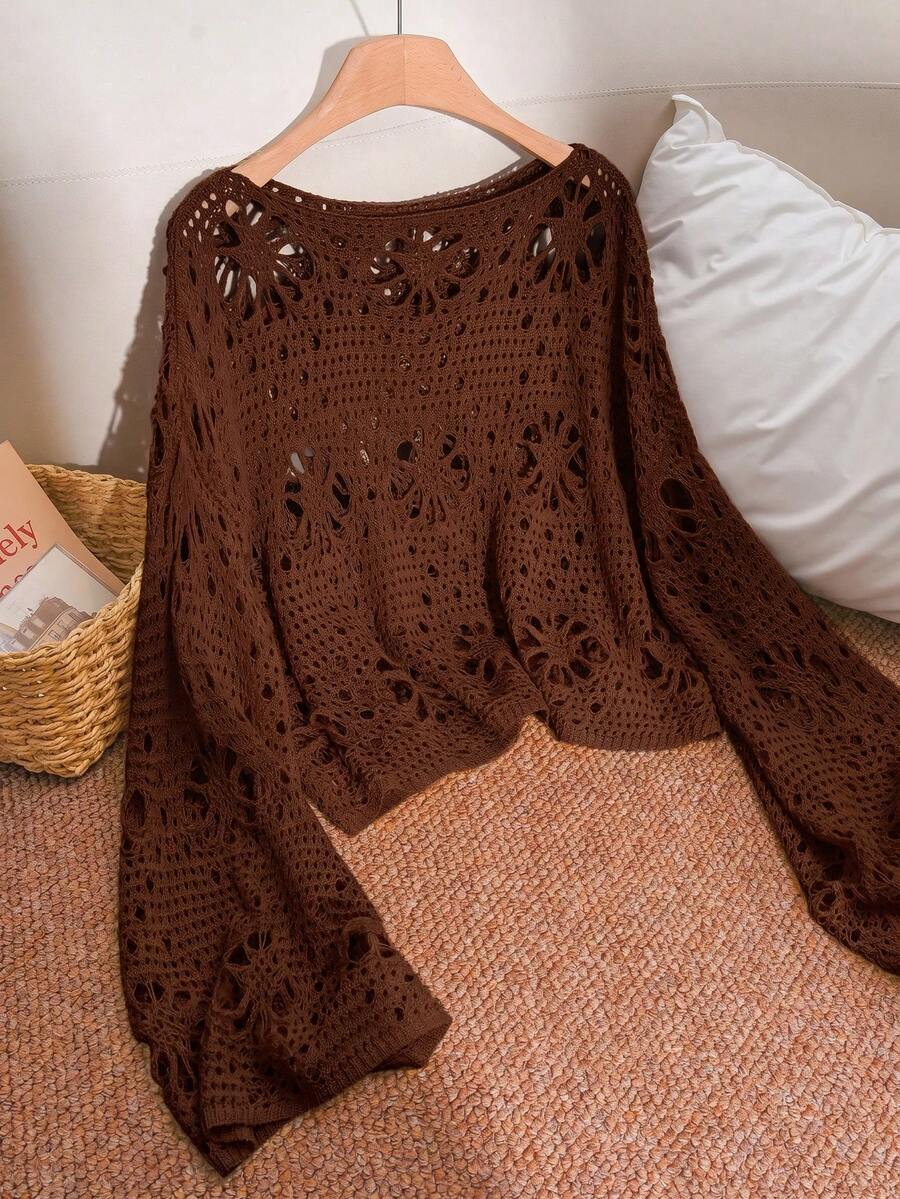 CosyJoli Plus Size Women's Hollow Out Design Round Neck Long Sleeve Loose Knit Sweater - Rust Brown - View 1