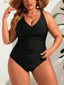 Swim Lushoire Conjunto de Tankini de unicolor para Mujer Talla Grande con Top de Camisola para Playa de Verano - Negro - Ver 1