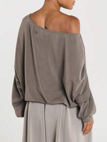 11SKNDS Oversized Off-Shoulder Long Sleeve Top With Asymmetric Neckline, Draped Front Detail, Ribbed Hem, Casual Everyday Slouchy Pullover Top For Fall Winter - Brown - View 2