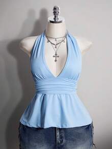 SHEIN ICON 大尺碼掛脖深V領收腰A字露背波點背心，復古Y2K波點掛脖背心，娃娃裝波點掛脖露背上衣 - 藍色 - 查看 5