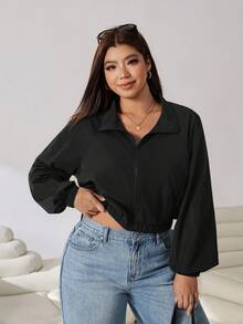 Solflare Autumn New Plus Size Women's Solid Color Raglan Long Sleeve Zip-Up Jacket Go Back To School Hiking Rodeo Cowboy - Black - View 8
