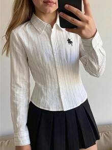 SHEIN 青少年女孩休閒街頭風梭織條紋馬標誌刺繡領長袖襯衫，適合春、夏、秋季，學院風，春季出遊、度假、休閒出遊、返校 - 杏色 - 查看 8