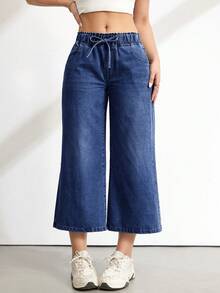 SHEIN Tall Tall Women's Waist Tie Pocket Wide Leg Loose Cropped Navy Blue Jeans Travel Summer Casual - Dark Wash - View 8