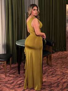 NU&NOW Plus Size Women Solid Color Asymmetric Design Party Ball Dress - Olive Green - View 4