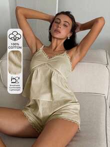 DAZY 女款純色細肩帶背心與短褲睡衣套裝 - 橄欖綠 - 查看 6