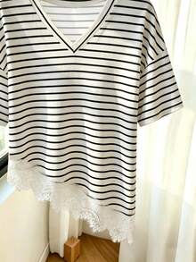 Franclia New Spring/Summer Round Neck Short Sleeve Lace Hem Black And White Striped T-Shirt Travel Casual French - Multicolor - View 4