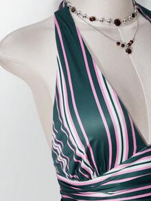 SHEIN ICON 女款大尺碼粉綠條紋掛脖上衣 - 彩色 - 查看 8
