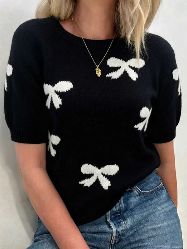 Weeklong Plus Size Women's Spring/Autumn Casual Style Minimalist Versatile Bow Jacquard Round Neck Short Sleeve Cropped Loose Knit Top Fall