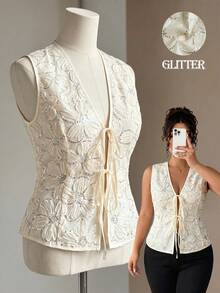 GlowEve CURVE Plus Size Floral Sequin Embroidered Mesh Fabric Patchwork Solid Color Fabric V-Neck Sleeveless Cinched Waist A-Line Multi-Layer Tie Front Structure Blouse Elegant Casual Commute Date Party Holiday Blouse - Apricot - View 8