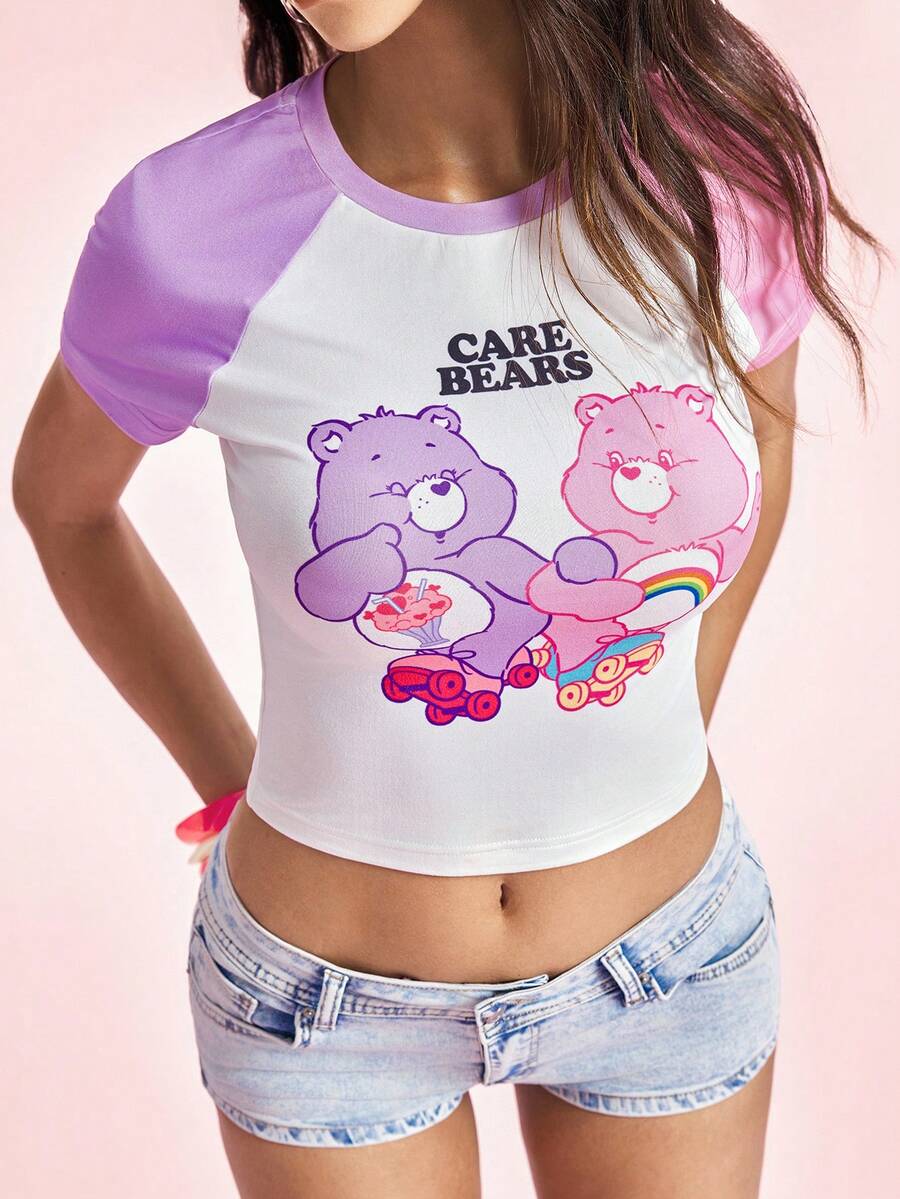 SHEIN X Care Bears Women's Round Neck Letter Cartoon Print Colorblock Slim Fit Versatile Casual Daily T-Shirt - Multicolor - View 1