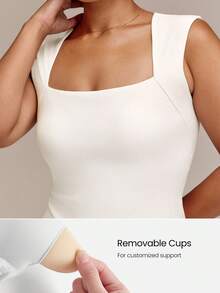 GLOWMODE FeatherFit™ Plus Size Let Your Glow Show Square Neck Waist Length Tank With Removable Cups Low Impact Yoga Pilates Studio Daily Active - White - View 4