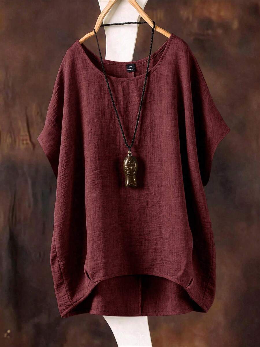 SHEIN 春夏新款百搭休閒大尺碼女款純色圓領襯衫 - 酒紅色 - 查看 1