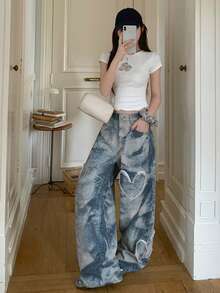 DAZY Women's Korean Style Street Casual Heart-Shaped Distressed Gradient Denim Jeans Summer Cute Tops - Blue - View 5