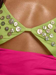 MUSERA Embellished Shell Button Bust Cut Out Front Ruched Fitted Top Cute Summer Spring Sexy Going Out Beach Holiday Vacation Honey Tides Y2K - Hot Pink - View 5