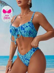 Swim DD+ 女款夏季海灘度假紮染印花金屬太陽結裝飾鋼圈 DD+ 聚攏比基尼套裝 - 藍色 - 查看 4