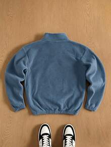 Manfinity Hypemode Men Loose Mountain Embroidery Half Zip Fleece Sweatshirt Without Tee , For Fall Winter, Long Sleeve Top - Baby Blue - View 2