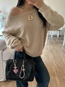 SHEIN EZwear 女款素色不對稱肩設計休閒百搭日常穿搭毛衣 - 卡其色 - 查看 7