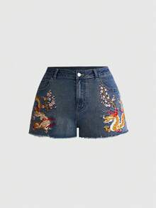 ROMWE Grunge Punk Plus Size Women's Vintage New Chinese Style Embroidered Frayed Denim Shorts - Blue - View 1