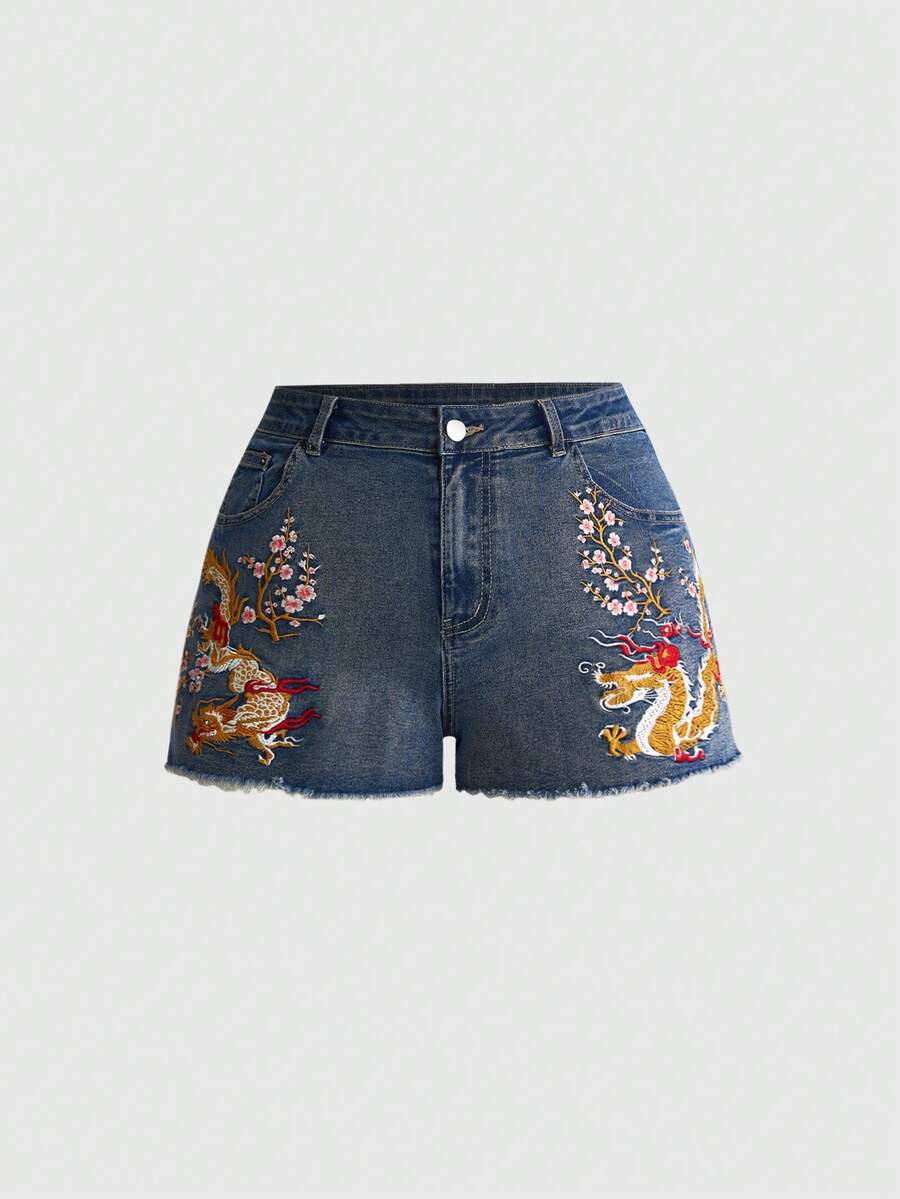 ROMWE Grunge Punk Plus Size Women's Vintage New Chinese Style Embroidered Frayed Denim Shorts - Blue - View 1