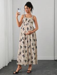 Momance 孕婦寬肩帶荷葉邊露背抓皺前胸杯設計 A 字版型數位花卉印花長洋裝 - 卡其色 - 查看 5