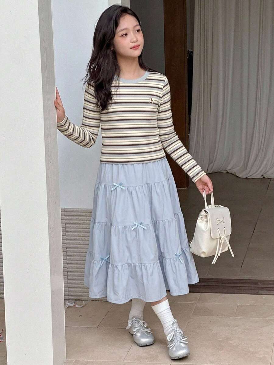 Dazy Kids 青少年女孩秋季服飾 青少年女孩圓領針織印花T恤+裙子套裝 - 藍色 - 查看 1