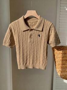Comfortcana Women's Equestrian Embroidered Short Sleeve Button Half-Placket Knit Top - Khaki - View 5