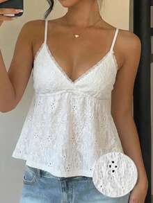 CovetEZ 女款蕾絲拼接休閒百搭日常細肩帶背心上衣 - 白色 - 查看 5
