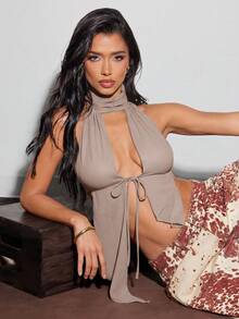 Denimoi Women's Solid Color Split Design Front Tie Sexy Halter Tank Top - Khaki - View 2