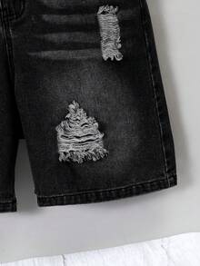 SHEIN 男童牛仔短袖襯衫與短褲兩件套 - 黑色 - 查看 3